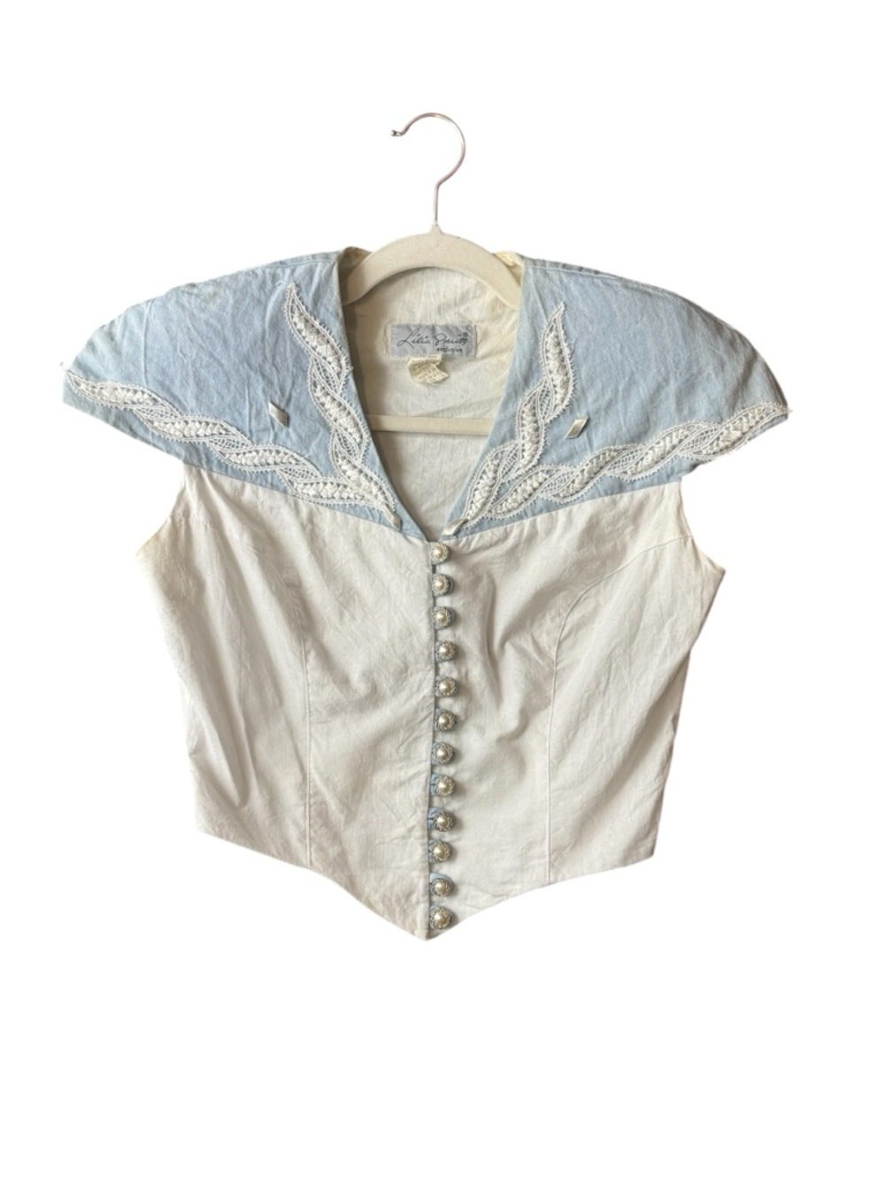 Vintage Lilia Smitty White Cotton Prairie Top Blue Lace Collar Western Victorian